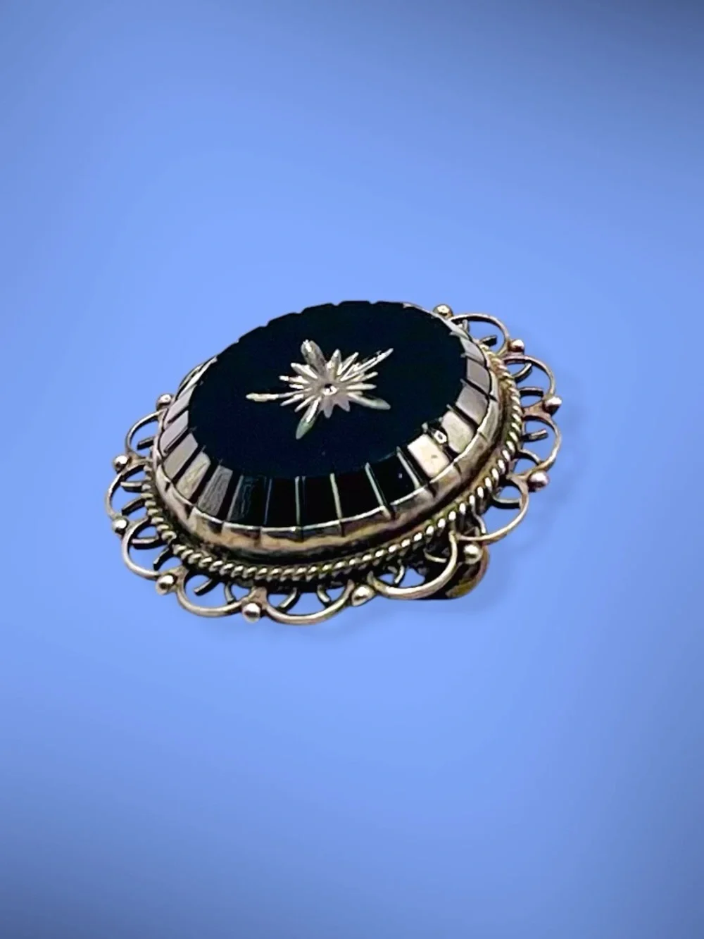Vtg Mexican Sterling Silver Black Onyx Starburst Pendant Pin 925 JFCM Jalisco